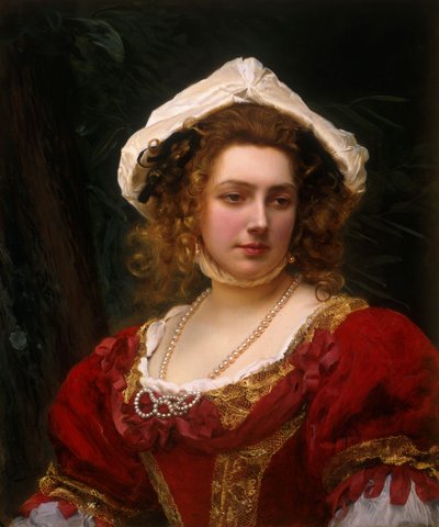 Retrato de una dama elegante con un vestido de terciopelo rojo de Gustave Jacquet