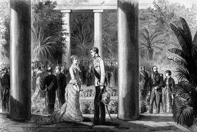 Compromiso de la Princesa Estefanía de Bélgica (1864-1945) y el Archiduque Rodolfo de Austria (1858-1889) en el Castillo de Laeken, 7 de marzo de Gustave Janet