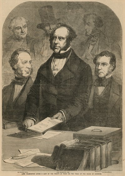 Lord Palmerston colocando una copia del Tratado de Paz sobre la mesa de la Cámara de los Comunes de Gustave Janet