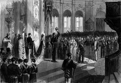El zar ruso Alejandro III (1845-1894) colocando la corona en su cabeza en la ceremonia de elevación al trono, en la capilla del Palacio de Invierno de San Petersburgo de Gustave Janet