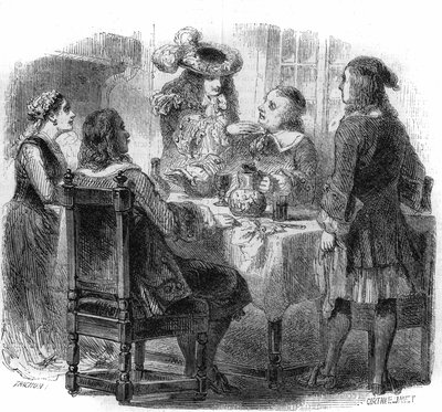 El zar ruso Pedro el Grande (1672-1725), hospedado en Francia con la familia Kalf, observa la discusión entre su anfitrión y un borracho, el Marqués de Bernardini. Grabado de Gustave Janet de Gustave Janet
