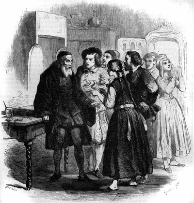 El pueblo de Ginebra lleva sus relojes a Zacharius. Ilustración de “Maestro Zacharius o el relojero que había perdido su alma”, cuento fantástico de Jules Verne (1828-1905). Grabado por Gustave Janet de Gustave Janet