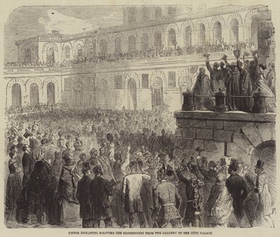 Víctor Manuel saludando a los florentinos desde la galería del Palacio Pitti de Gustave Janet