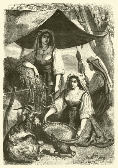 Mujeres vendiendo heno a carreteros en el camino, Italia de Gustave Janet