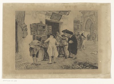 Hombres reunidos en torno a un expositor de un librero
Les Bibliophiles (título en el objeto) de Gustave Marie Greux