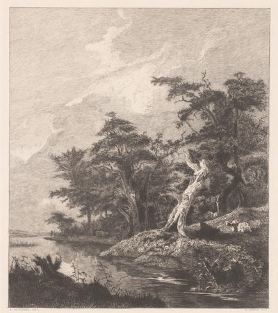 Paisaje fluvial con un pastor descansando junto a un tocón de árbol de Gustave Marie Greux
