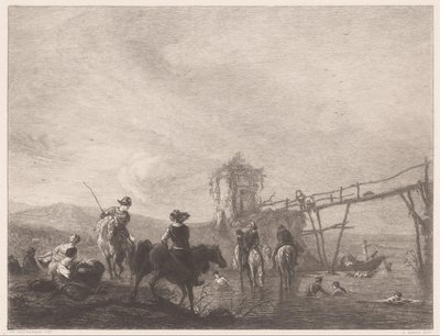 Descansando y nadando figuras en un banco Die pferdetränke (título sobre objeto) de Gustave Marie Greux