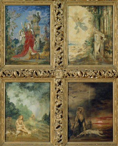 Humanidad: de TtoB, dos escenas que representan la Edad de Plata representada por Orfeo; dos escenas que representan la Edad de Hierro representada por Caín y Abel (mural) (detalle de 83704) de Gustave Moreau