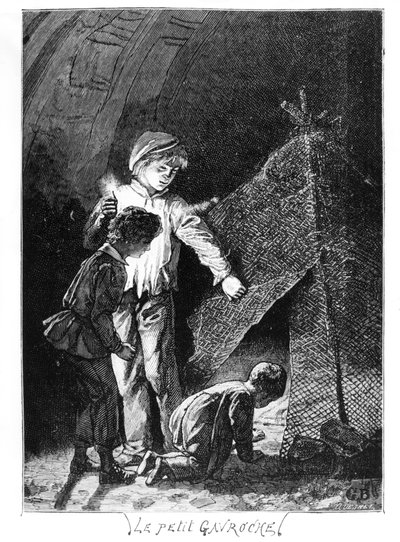 Gavroche y sus dos hermanos en el Elefante de la Bastilla, ilustración de Los Miserables (1845-62) de Victor Hugo (1802-85) de Gustave after Brion