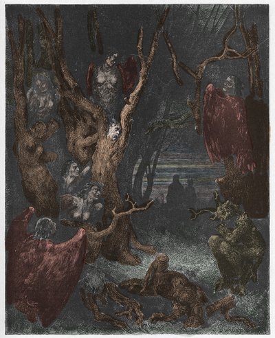 Inferno, Canto 13: Las arpías en el bosque de los suicidas, ilustración de La Divina Comedia de Dante Alighieri, 1885 de Gustave after Dore