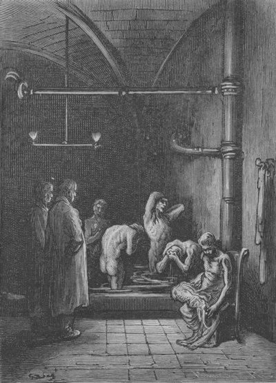 El aseo en un refugio de Gustave after Dore