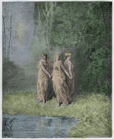 Purgatorio, Canto 29: Caridad, Esperanza y Fe, ilustración de La Divina Comedia de Dante Alighieri, 1885 (grabado coloreado digitalmente) de Gustave after Dore
