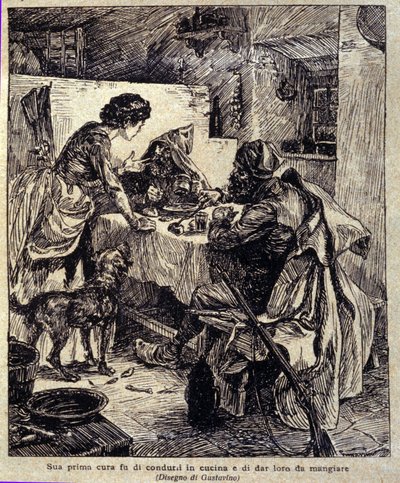 Su primera preocupación era llevarlos a la cocina y alimentarlos... Ilustración de la nueva "Colomba" escrita por Prosper Merimee. Grabado de Gustavino (Gustavo Rosso) (1881-1950), hacia 1915 de Gustavo Gustavino Rosso