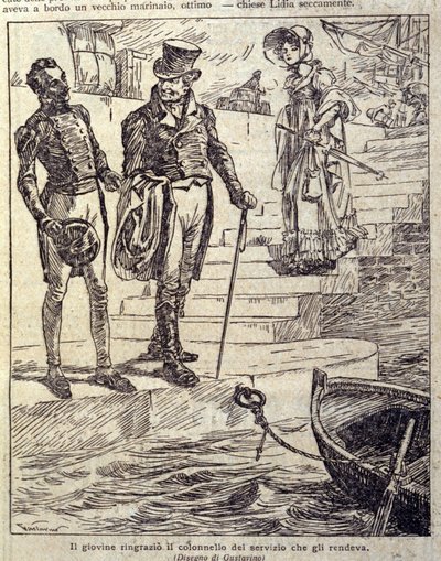 el joven agradeció al coronel su servicio... Ilustración de la nueva "Colomba" escrita por Prosper Merimee. Grabado de Gustavino (Gustavo Rosso) (1881-1950), hacia 1915 de Gustavo Gustavino Rosso