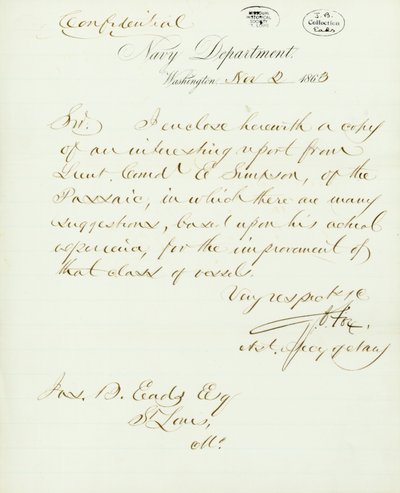 Carta firmada por G.V. Fox, Departamento de la Marina, Washington, a Jas. B. Eads [James B. Eads], St. Louis, Mo., 2 de noviembre de 1863 de Gustavus Vasa Fox