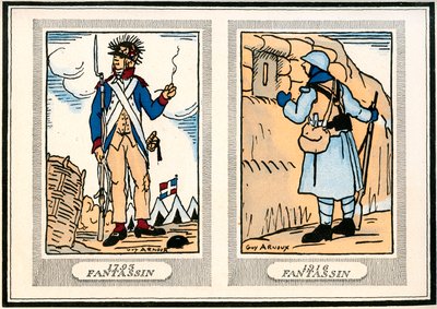 "Es para arrodillarse ante ellos" dicen nuestros entusiastas generales de sus Peludos. 1914-1917 (grabado) de Guy Arnoux