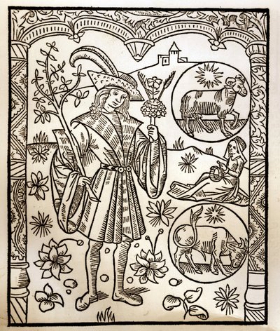 Calendario del pastor - Los trabajos de los meses - Abril - Grabado en madera del libro de 1496 impreso por Guy Marchant (Guido Mercator) en Troyes - Grabado en madera en 