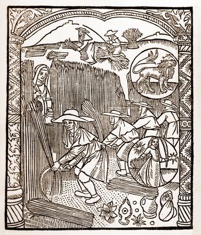 Calendario del pastor - Los trabajos de los meses - Agosto - Xilografía del libro de 1496 impreso por Guy Marchant (Guido Mercator) en Troyes - Grabado en madera en “Le grand Calendrier et compost des shepherds” de Guy Marchant