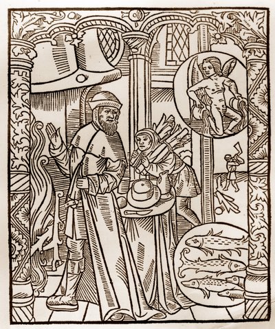 Calendario del pastor - Los trabajos de los meses - Febrero - Xilografía del libro de 1496 impreso por Guy Marchant (Guido Mercator) en Troyes - Grabado en madera en “Le grand Calendrier et compost des shepherds” de Guy Marchant