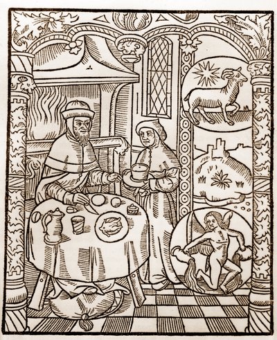 Calendario del pastor - Los trabajos de los meses - Enero - Xilografía del libro de 1496 impreso por Guy Marchant (Guido Mercator) en Troyes - Grabado en madera en “Le grand Calendrier et compost des bergers” de Guy Marchant