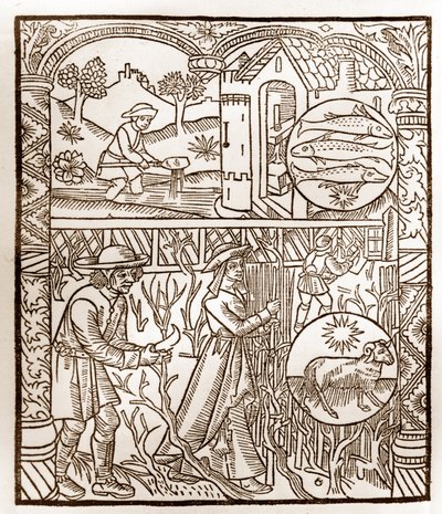Calendario del pastor - Los trabajos de los meses - Marzo - Xilografía del libro de 1496 impreso por Guy Marchant (Guido Mercator) en Troyes - Grabado en madera en “Le grand Calendrier et compost des shepherds” de Guy Marchant