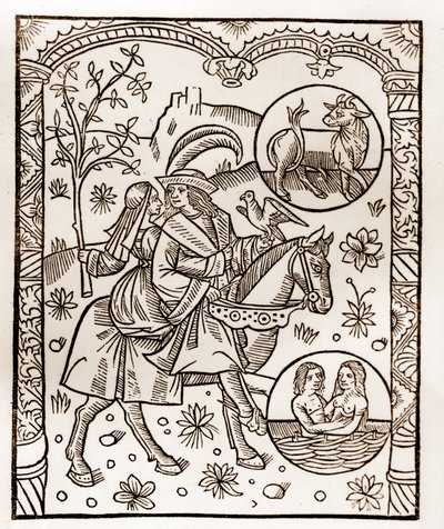 Calendario del pastor - Los trabajos de los meses - Mayo - Xilografía del libro de 1496 impreso por Guy Marchant (Guido Mercator) en Troyes - Grabado en madera en “Le grand Calendrier et compost des shepherds” de Guy Marchant
