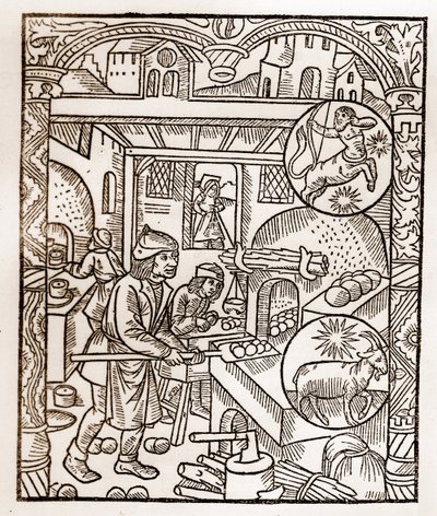 Calendario del pastor - Los trabajos de los meses - Noviembre - Xilografía del libro de 1496 impreso por Guy Marchant (Guido Mercator) en Troyes - Grabado en madera en “Le grand Calendrier et compost des shepherds” - Horno de pan de Guy Marchant