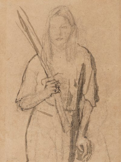 Niña de pie con un poste de madera en la mano de Gwen John