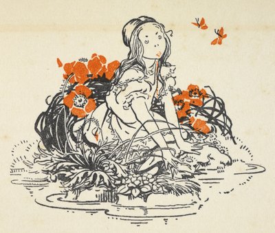 Ilustración de Alicia junto a un estanque rodeada de amapolas y mariposas de Gwynedd M. Hudson
