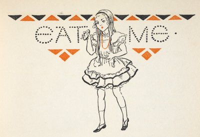 Ilustración de Alicia con un pastelito con las palabras "Cómeme". de Gwynedd M. Hudson