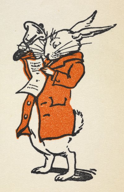 Ilustración del Conejo Blanco con chaqueta roja tocando una gran campana y leyendo de Gwynedd M. Hudson