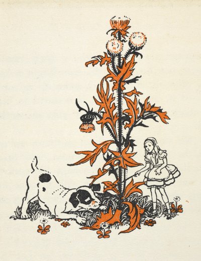 Alicia encogida y el cachorro junto a un cardo gigante. de Gwynedd M. Hudson
