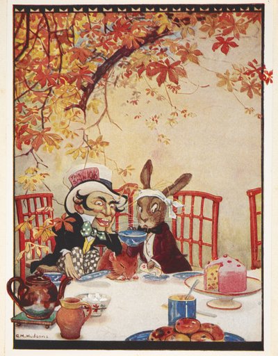 La fiesta del té del Sombrerero Loco. El Sombrerero Loco bebiendo té y comiendo tarta con la Liebre Loca y el Lirón. de Gwynedd M. Hudson