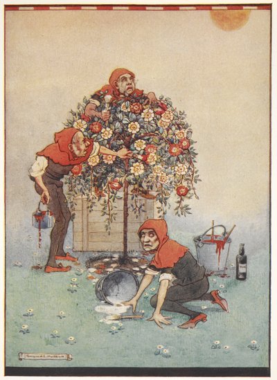 Los jardineros de la Reina del Corazón pintan de blanco a rojo las rosas de Alicia en el País de las Maravillas de Gwynedd M. Hudson