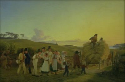 Campesinos regresando del campo con la última carga de grano de H.J. Hammer