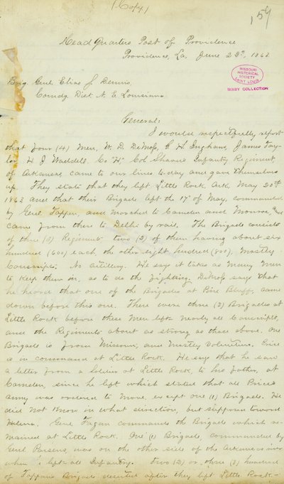 Carta de H. T. Reid, cuartel general, Post of Providence, Louisiana, al General de Brigada Elias S. Dennis, 22 de junio de 1863 de H.T. Reid