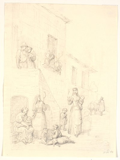 Mujeres y niños fuera de una casa italiana de H.W. Bissen