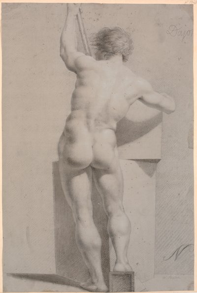Modelo de pie. Vista desde la espalda. Bastón en la mano izquierda de H.W. Bissen