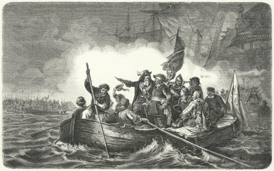 Ejército de Federico Guillermo, elector de Brandeburgo, desembarcando en la isla sueca de Rügen de H. (after) Kretzschmer