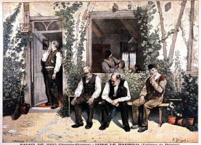 Barbería. Litografía basada en la pintura de Brispot, exposición de 1895 en los Campos Elíseos. En “Le Petite Journal” del 26 de mayo de H. Brispot
