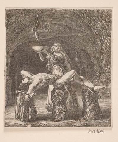 Sigyn sostiene el cuenco entre la serpiente y Loki de H. C. Henneberg