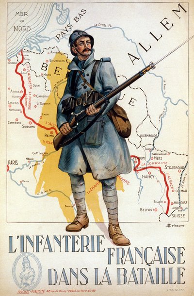 Infantería francesa en batalla (la línea roja representa la línea Hindenburg) - ilustrado por H. Delaspre de H. Delaspre