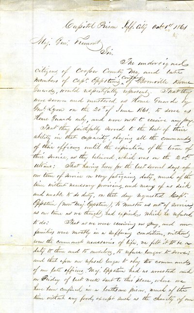 Apelación de miembros de la Compañía del Capitán Eppstein, Boonville Home Guards, Prisión del Capitolio, Jefferson City, al Mayor General Fremont, 1 de octubre de 1861 de H. L. Hoefer