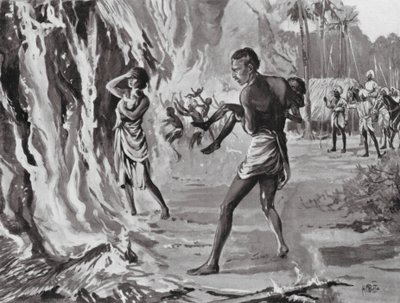 Los aldeanos se queman para evitar a los pindharis de H. M. (after) Burton