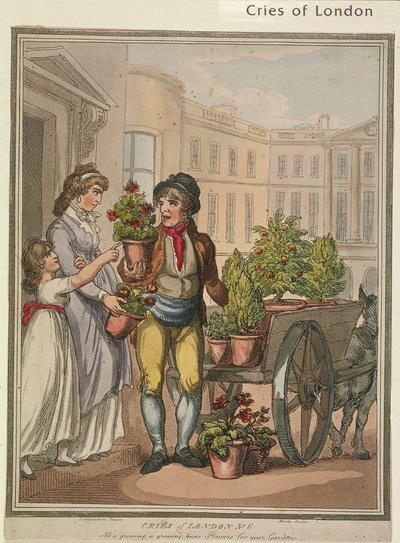 Todo creciendo, creciendo, aquí hay flores para tus jardines, lámina VI de Cries of London de H Merke