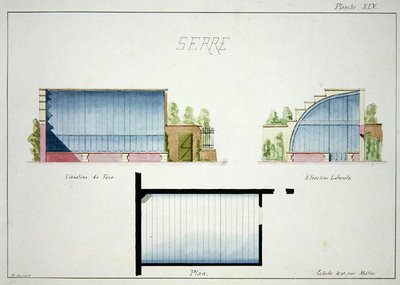 Diseño para un invernadero con paredes y techo de vidrio curvado, de un folio de dibujos originales en estilos clásicos y de principios de la Belle Époque, c.1870 de H. Monnot
