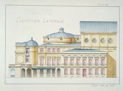 Elevación Lateral de un Teatro, lámina VII de un folio de diseños, c.1870 de H. Monnot