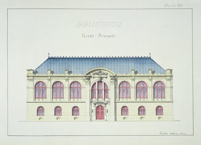 Fachada principal de una biblioteca, lámina XII de un folio de diseños, c.1870 de H. Monnot