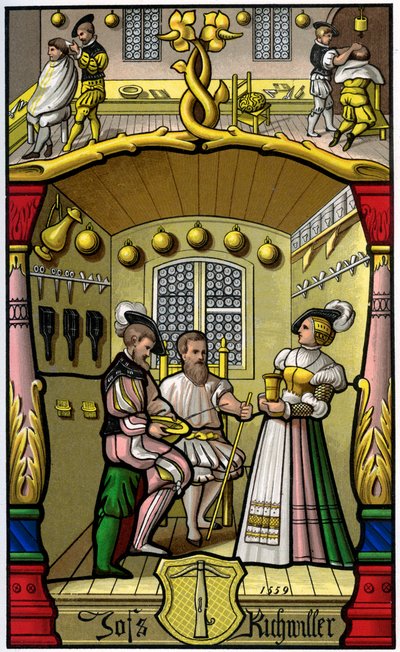 Barbero y fabricante de pelucas, siglo XVI, 1849 de H. Moulin