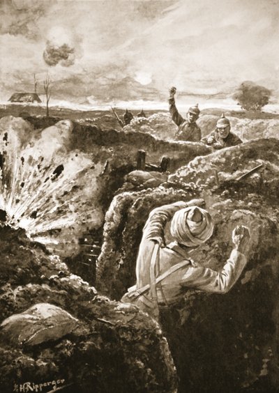 El teniente De Pass bombardeando al enemigo después de entrar en una de sus minas de H. Ripperger